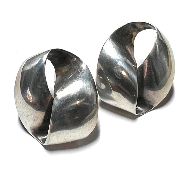 MidCentury Eternity Silver Earrings - 925 Abstract Endless Ribbon Post Earrings - Picture 1 of 9